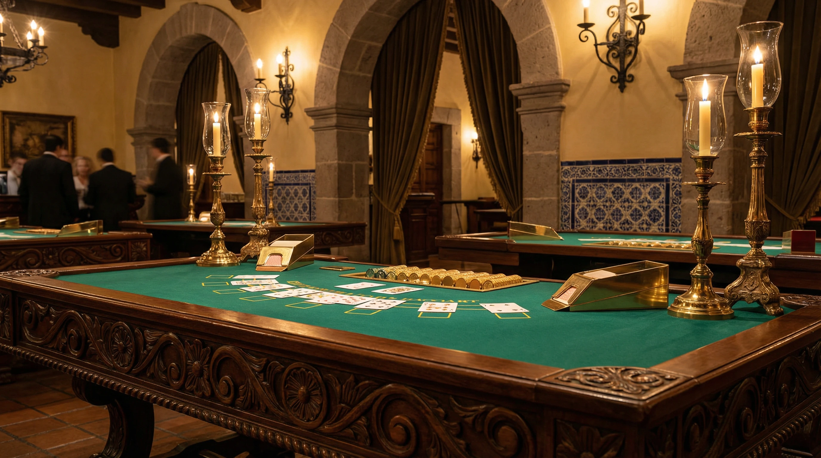 Mesa de bacará premium con cartas y ambiente colonial mexicano